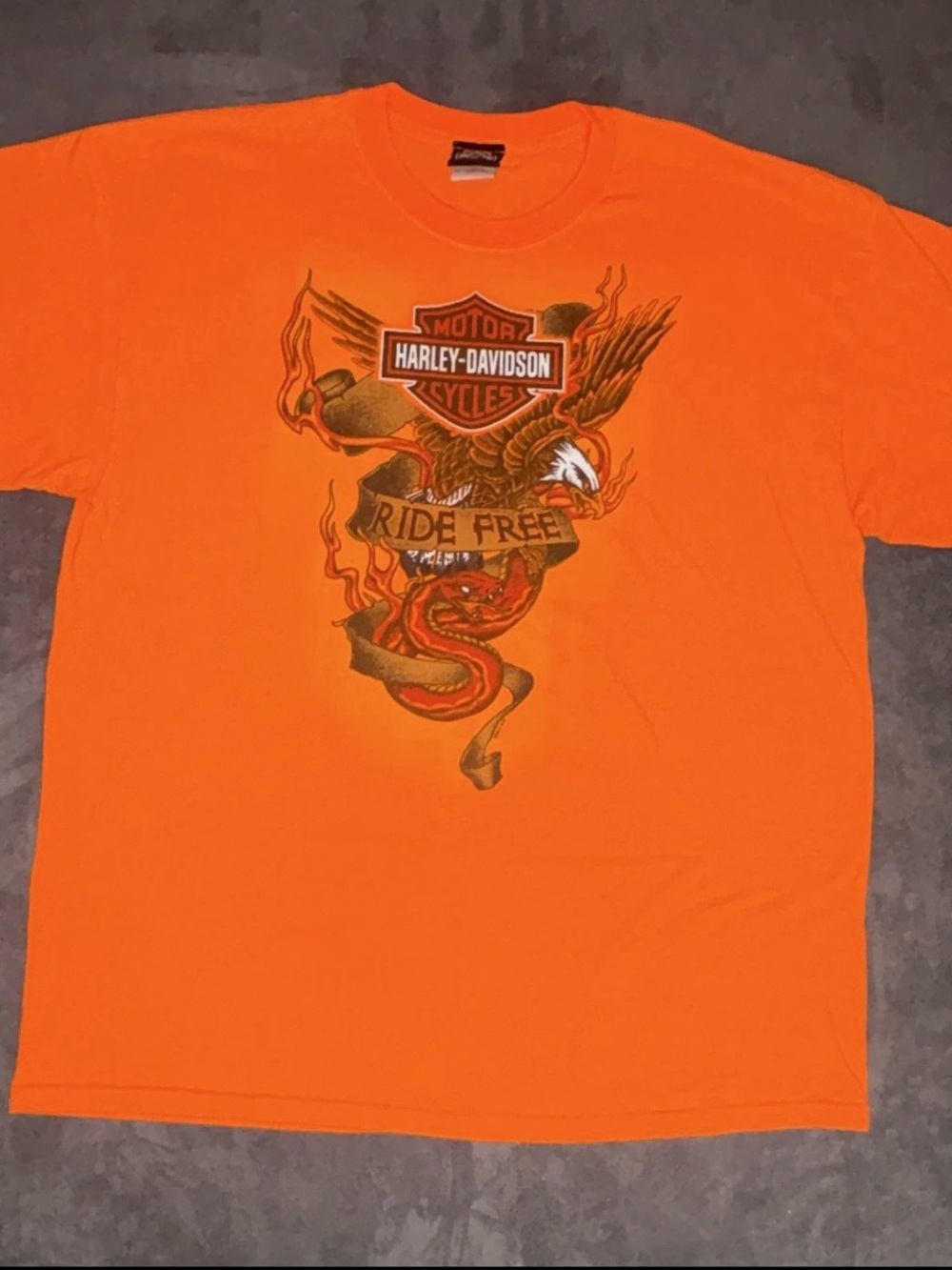 Harley-Davidson Bright Orange VTG " Ride Free' Eagle & Snake Graphic Tee Sz XL